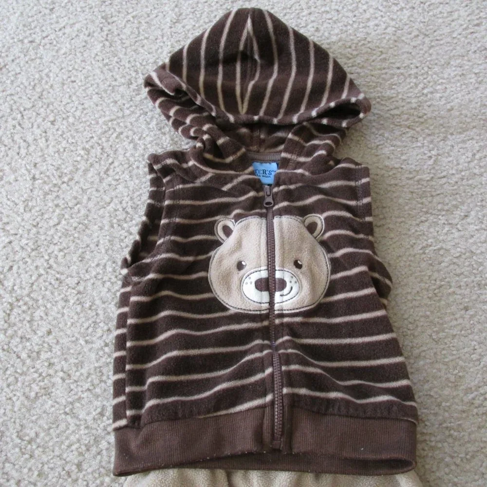 Carters 2 Pc Hooded‎ Vest Pants Outfit Infant Boys 6-9M Tan Brown Striped Bear